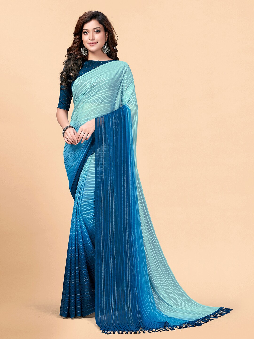 

KALINI Striped Sequinned Silk Blend Saree, Blue