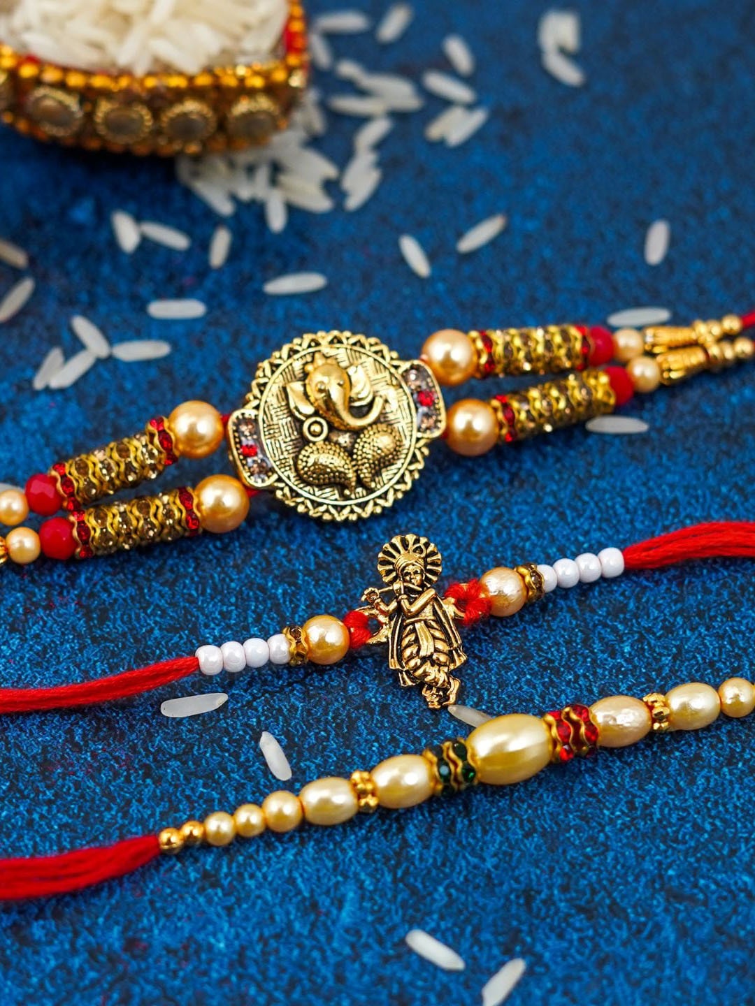 

MANSIYAORANGE Set Of 3 Ganesha & Krishna Charm Rakhi, Red