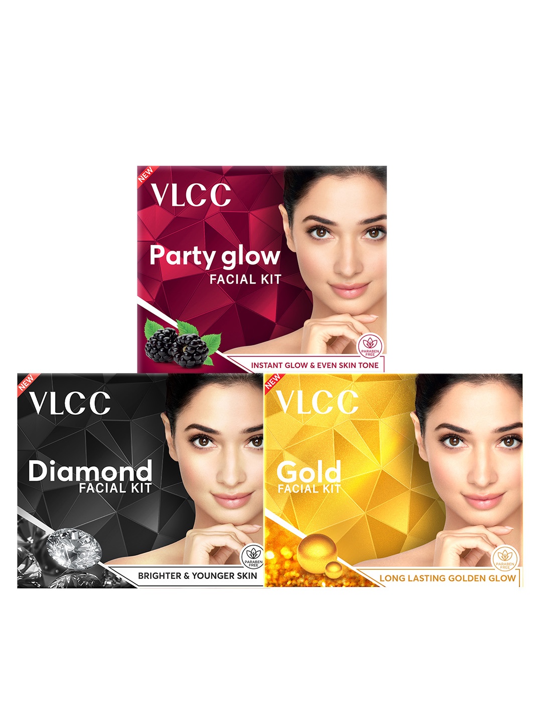 

VLCC Set of 3 Single Facial Kits - Gold + Diamond + Party Glow - 60g each, Black