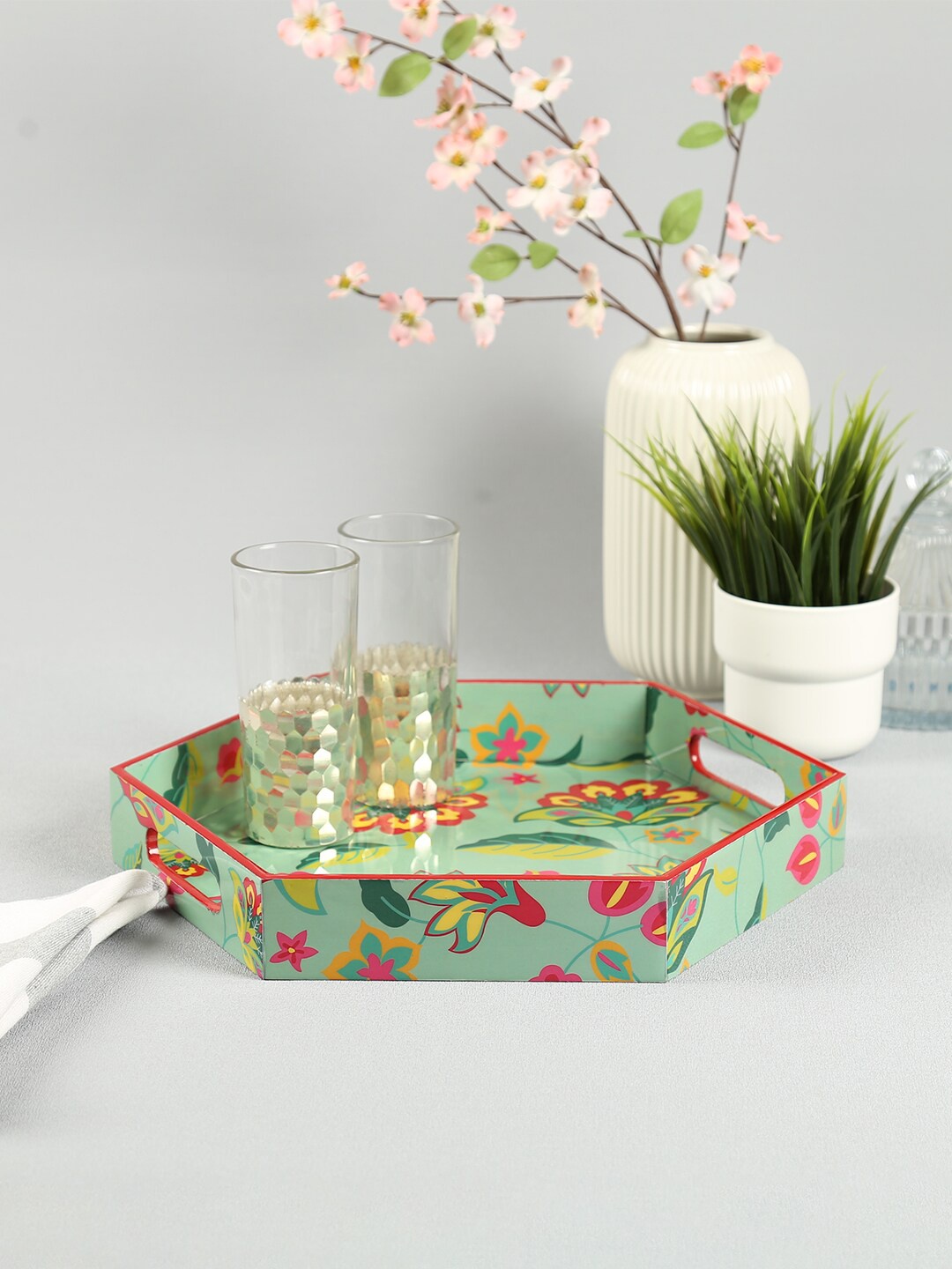 

India Circus by Krsnaa Mehta Neon Cyanic Sea Green & Pink Floral Hexagon Serving Tray
