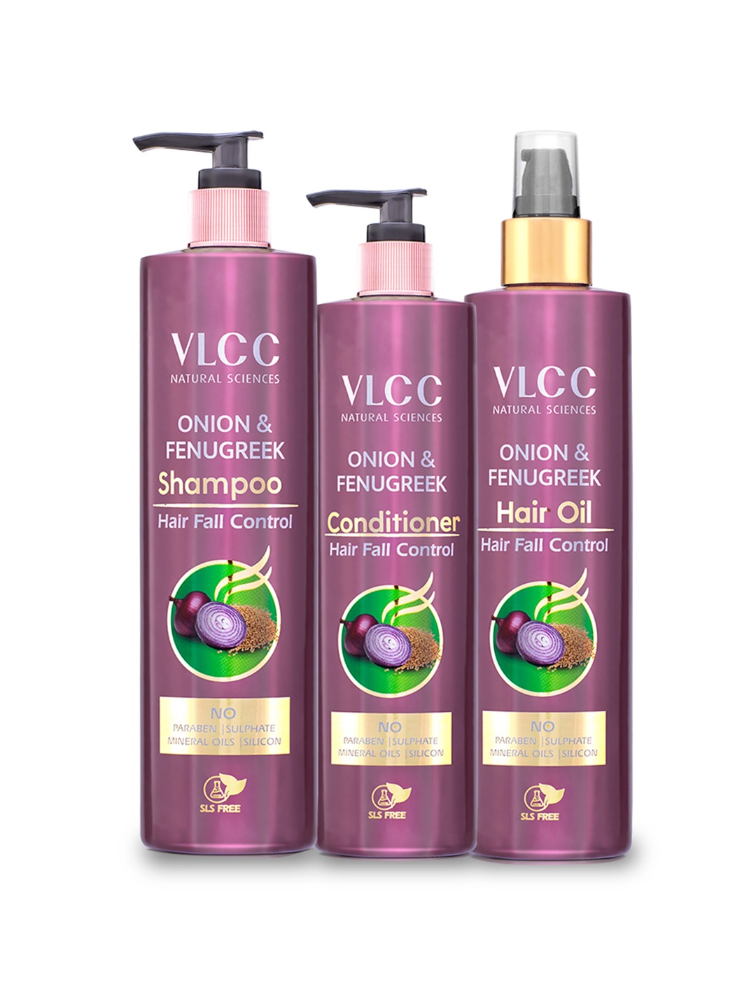 

VLCC Onion & Fenugreek Hair Fall Control Oil 200ml + Conditioner 200ml + Shampoo 300ml, Burgundy