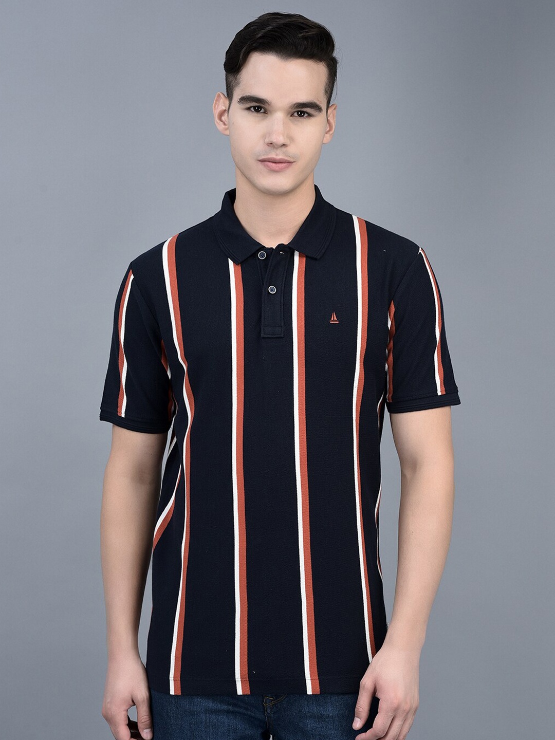 

CANOE Striped Polo Collar Cotton T-shirt, Navy blue
