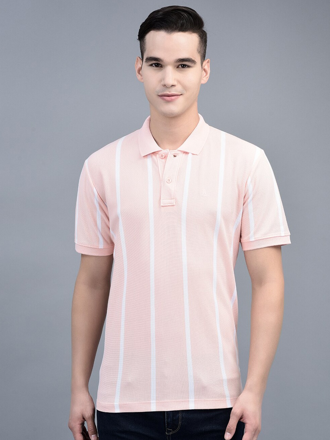CANOE Striped Polo Collar Cotton T-shirt, Peach