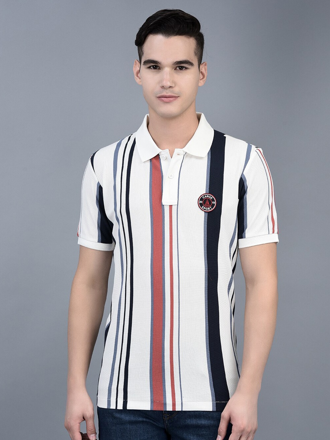 

CANOE Striped Polo Collar Cotton T-shirt, White