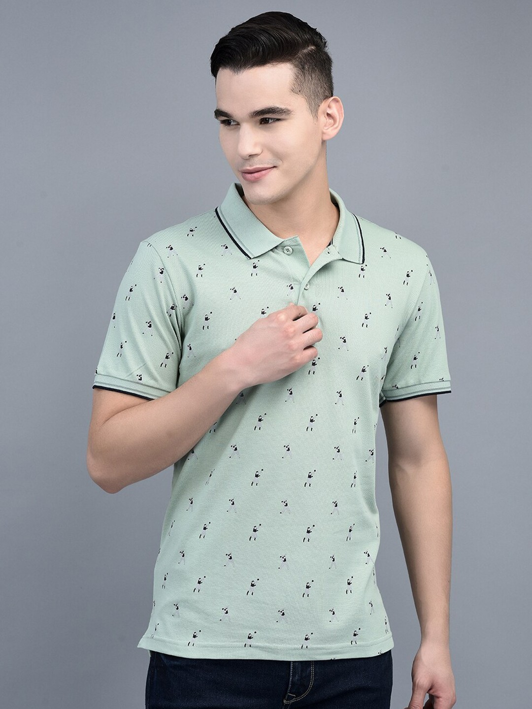 

CANOE Conversational Printed Polo Collar Cotton T-shirt, Sea green