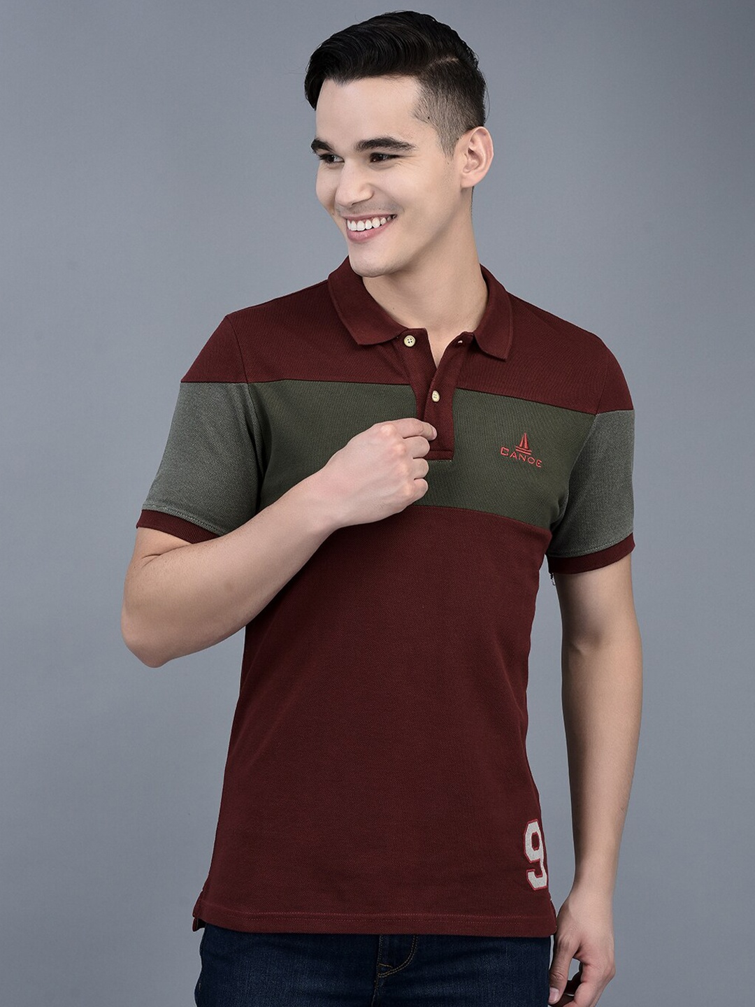 

CANOE Colourblocked Polo Collar Cotton T-shirt, Olive