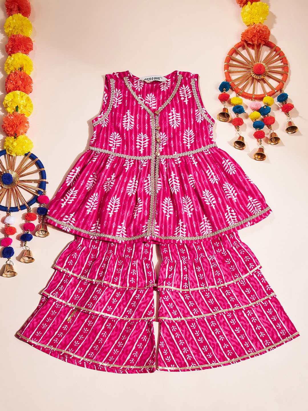

Stylo Bug Girls Ethnic Motifs Printed Empire Pure Cotton Top With Sharara, Pink