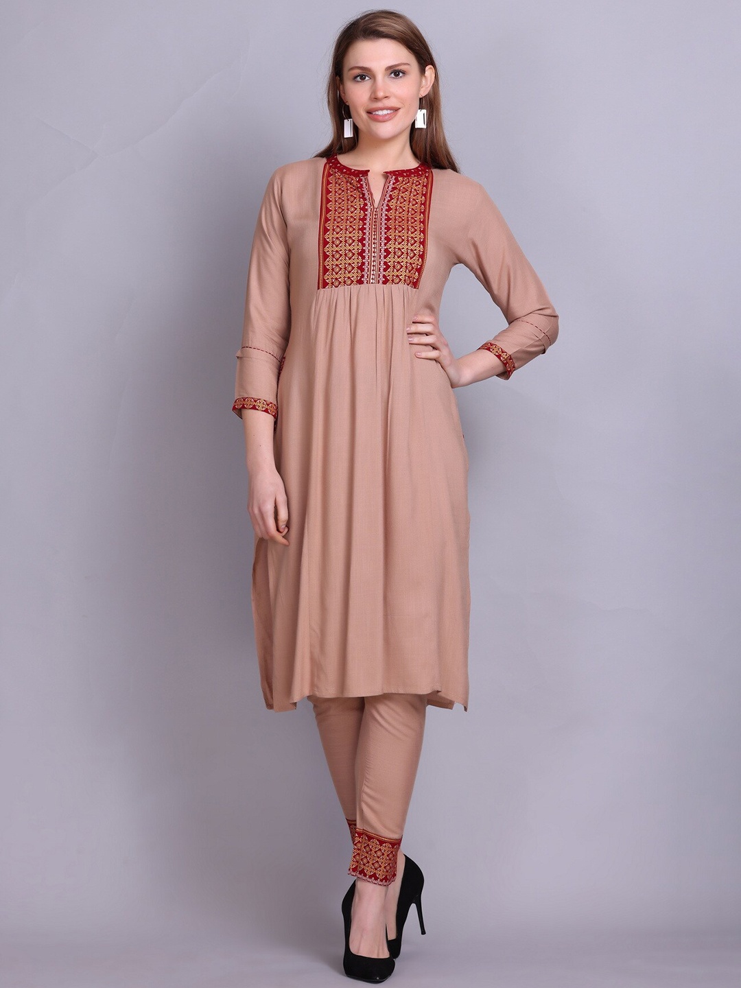 

Elthia Yoke or Border Band Collar Pure Cotton Kurta with Trousers, Camel brown