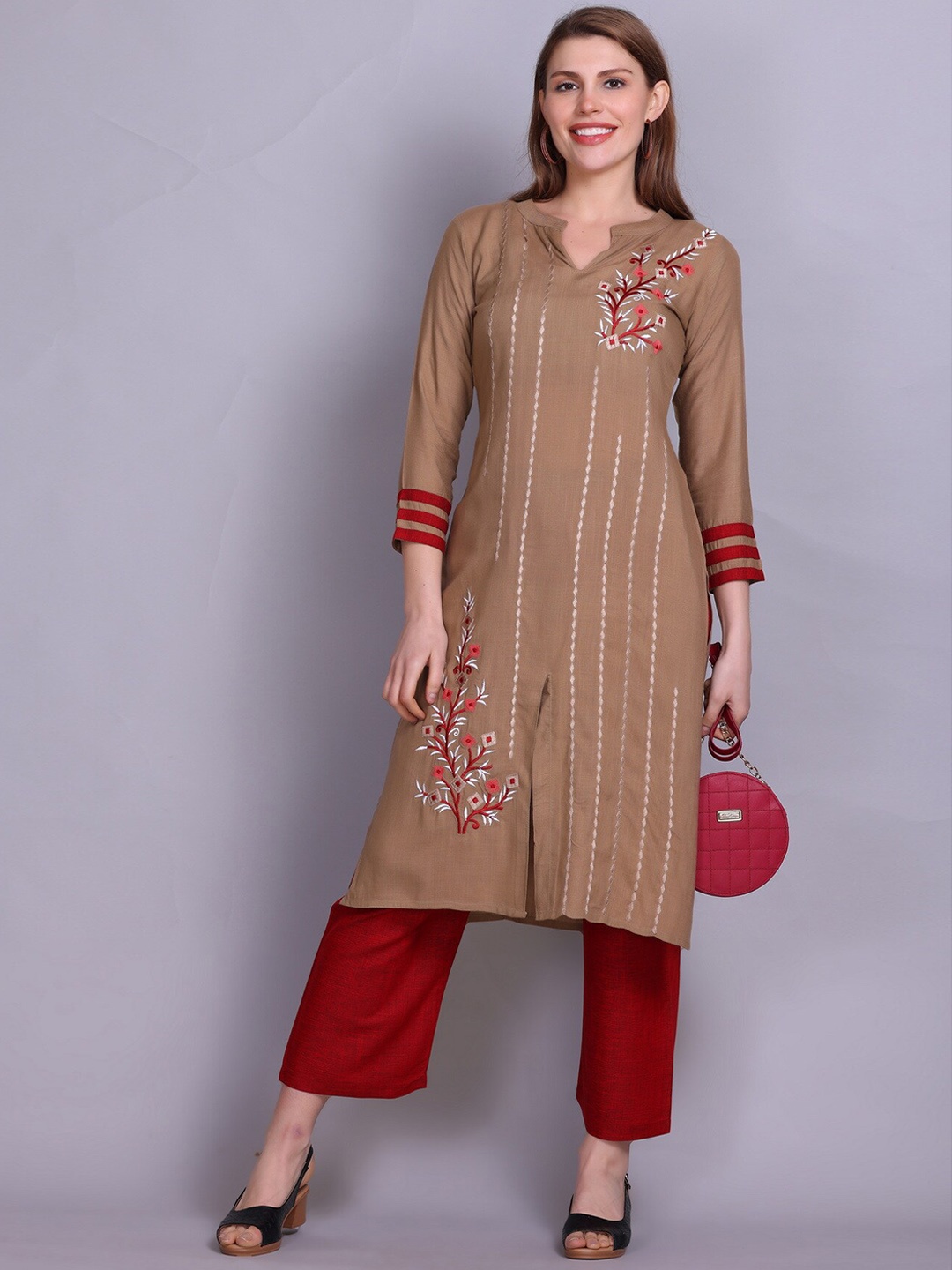 Elthia Floral Embroidered Pure Cotton Kurta With Palazzos & Dupatta, Beige