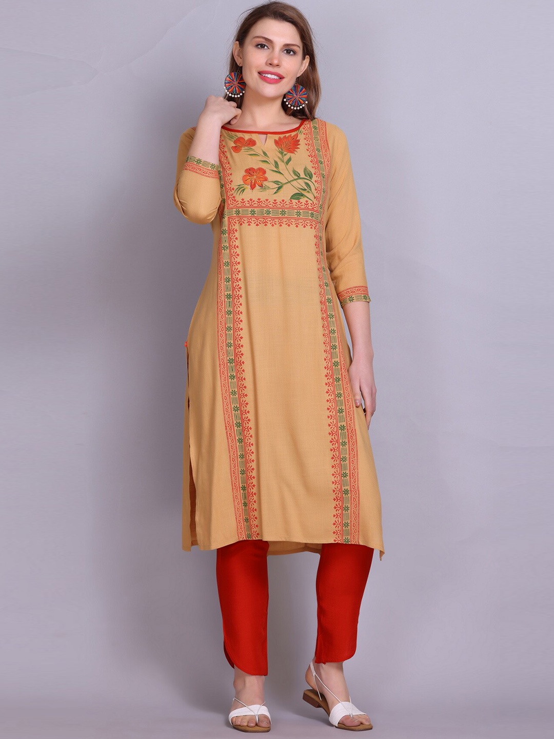 

Elthia Ethnic Motifs Printed Pure Cotton A-Line Kurta And Trousers, Beige