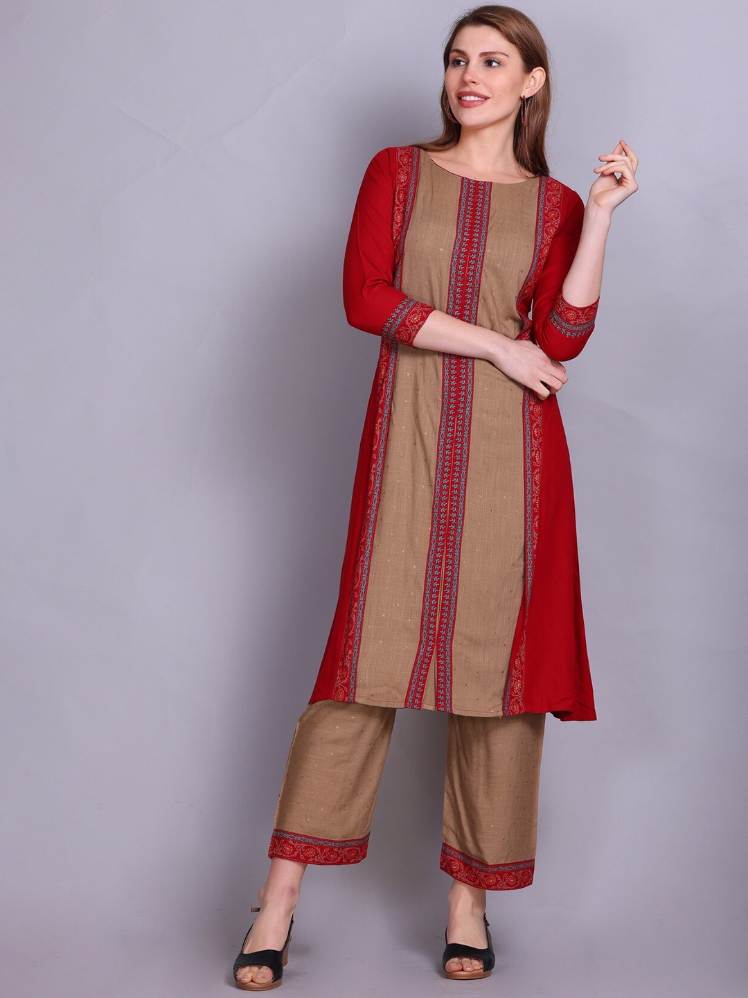 

Elthia Ethnic motifs Woven Design Pure Cotton A-Line Kurta with Palazzos, Maroon