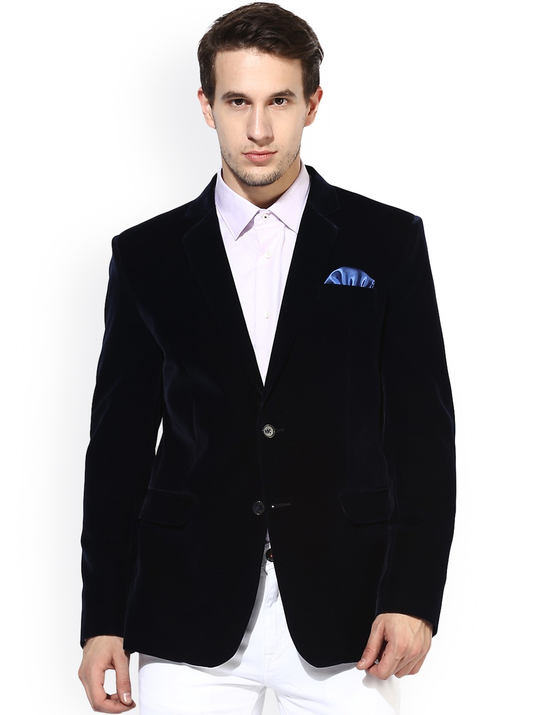 

Hangup Navy Blue Velvet Single-Breasted Party Blazer