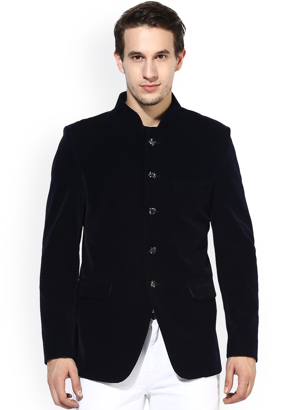 

Hangup Navy Blue Velvet Regular Fit Ethnic Bandhgala Blazer