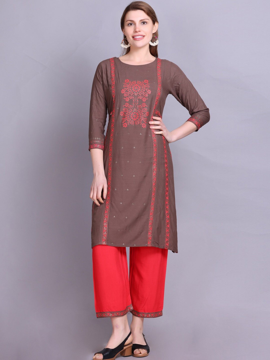 

Elthia Ethnic Motifs Printed Pure Cotton A-Line Kurta with Palazzos, Brown