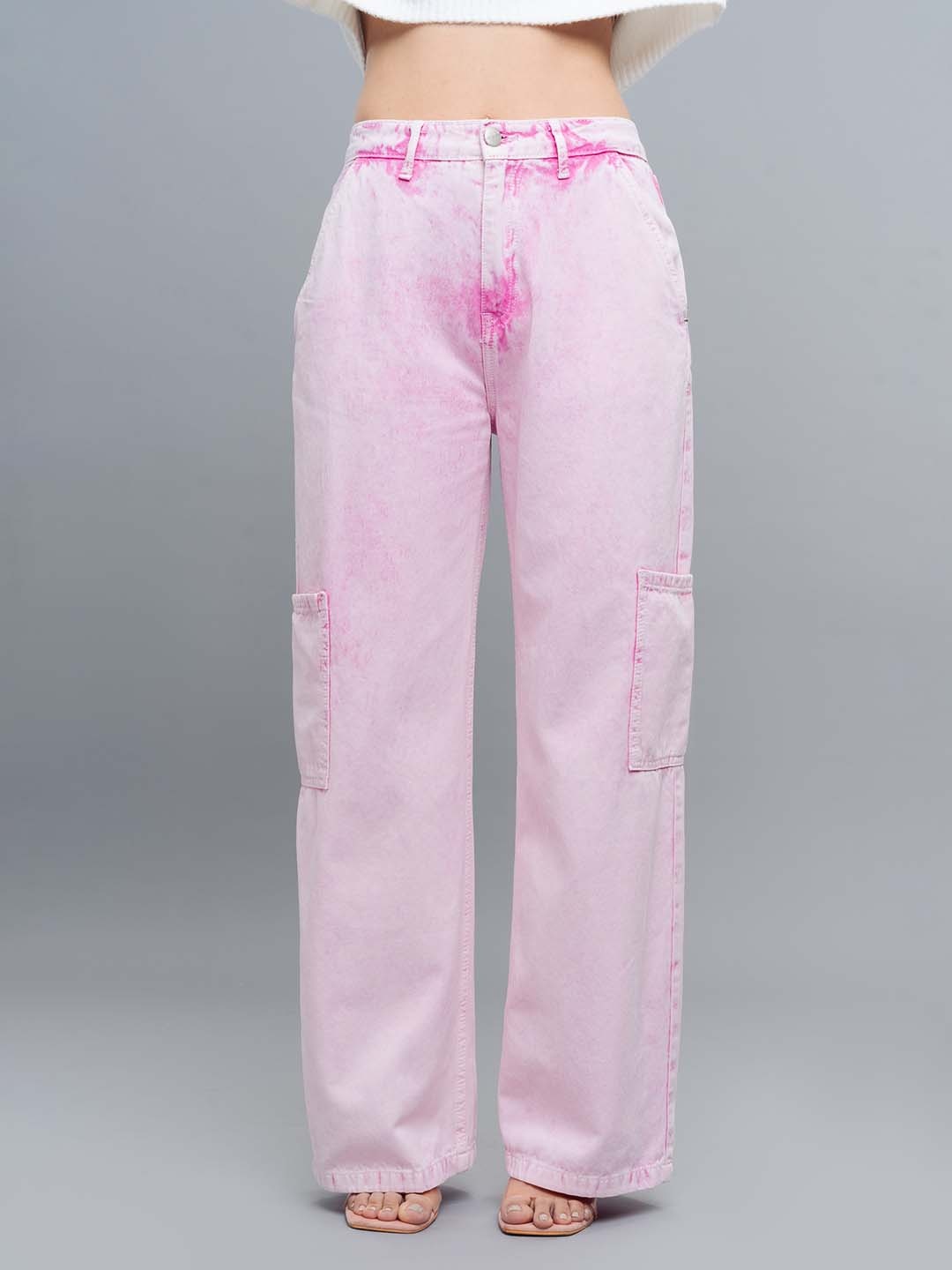 

FREAKINS Women Pink Straight Fit High-Rise Clean Look Cargo jeans
