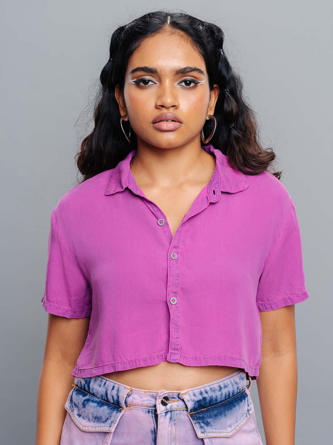 

FREAKINS Pink Spread Collar Pure Cotton Crop Shirt