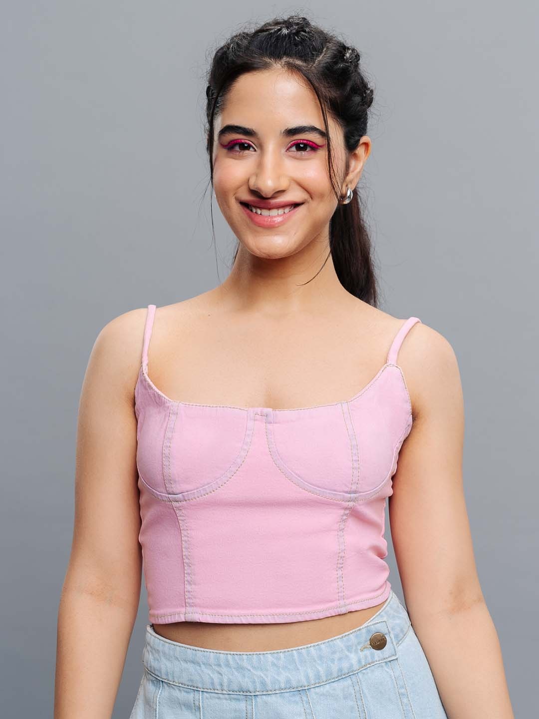 

FREAKINS Pink Denim Crop Fitted Top