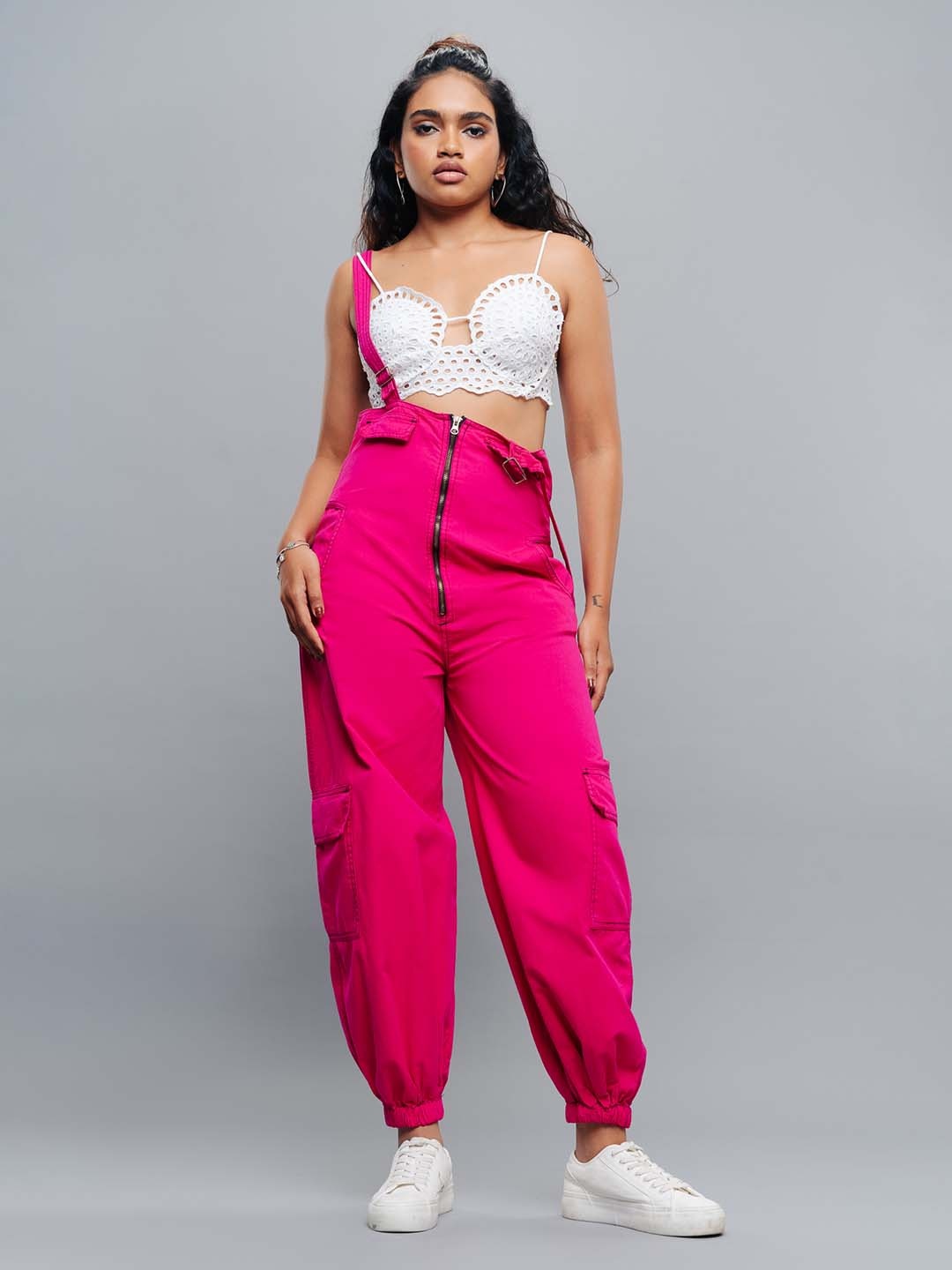 

FREAKINS Fuschia Pure Cotton Denim Baggy Dungaree, Fuchsia