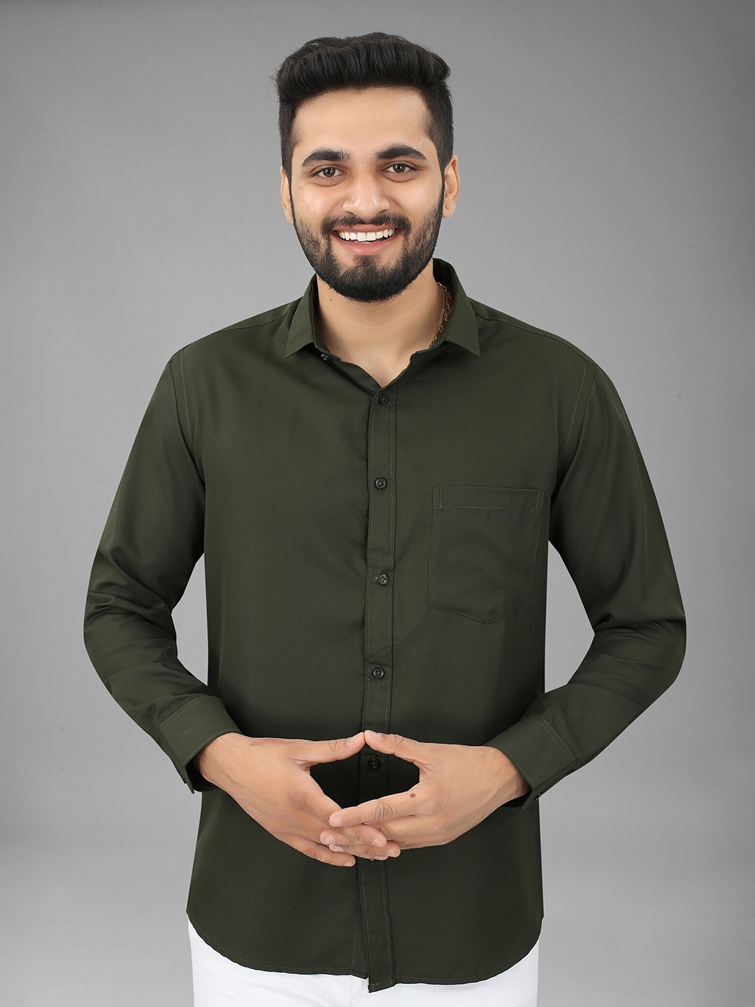 

N N ENTERPRISE Comfort Opaque Spread Collar Casual Shirt, Olive