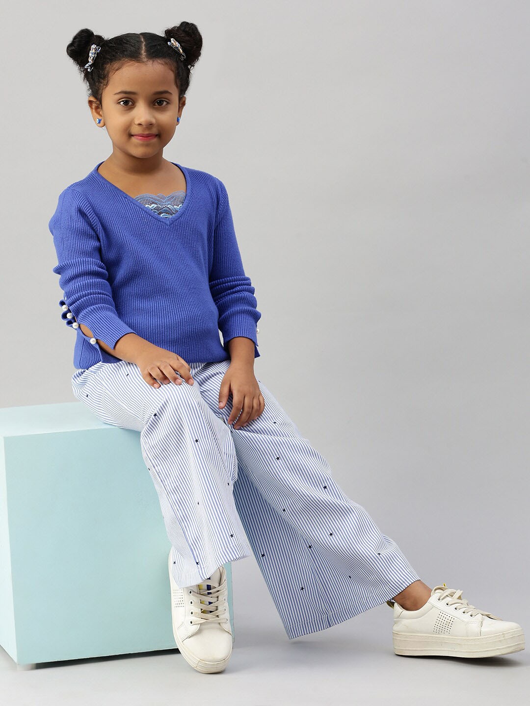 

De Moza Girls Striped Flared Cotton Palazzos, Blue