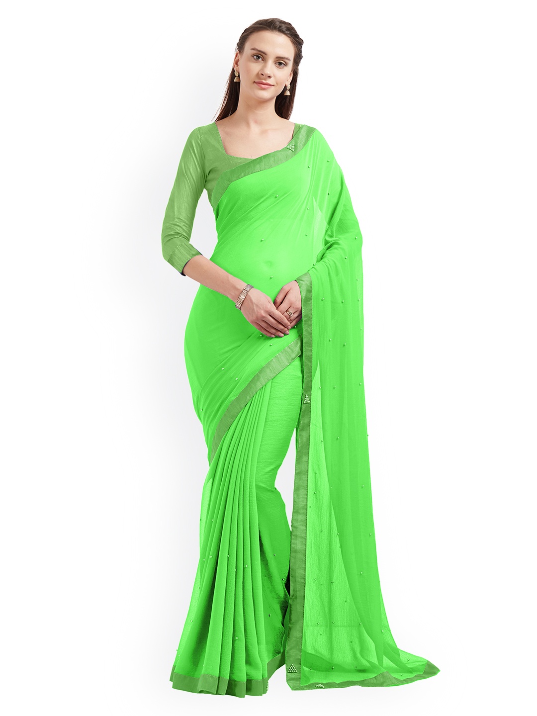 

Mirchi Fashion Green Solid Poly Chiffon Saree