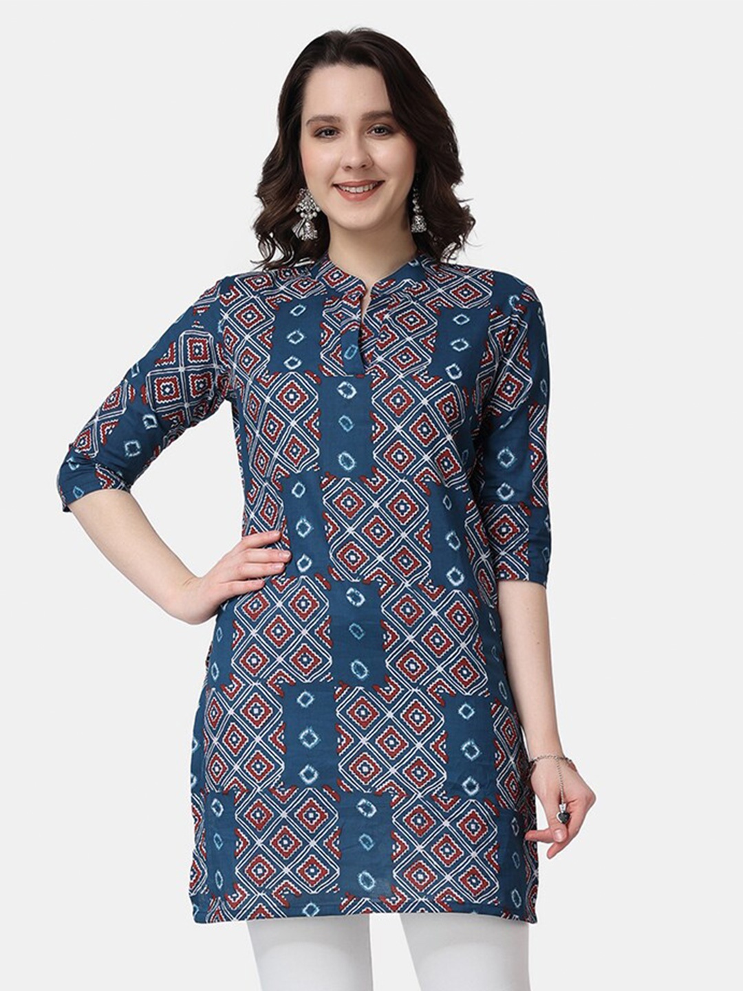 

Popwings Ethnic Motifs Printed Mandarin Collar Pure Cotton Kurti, Navy blue