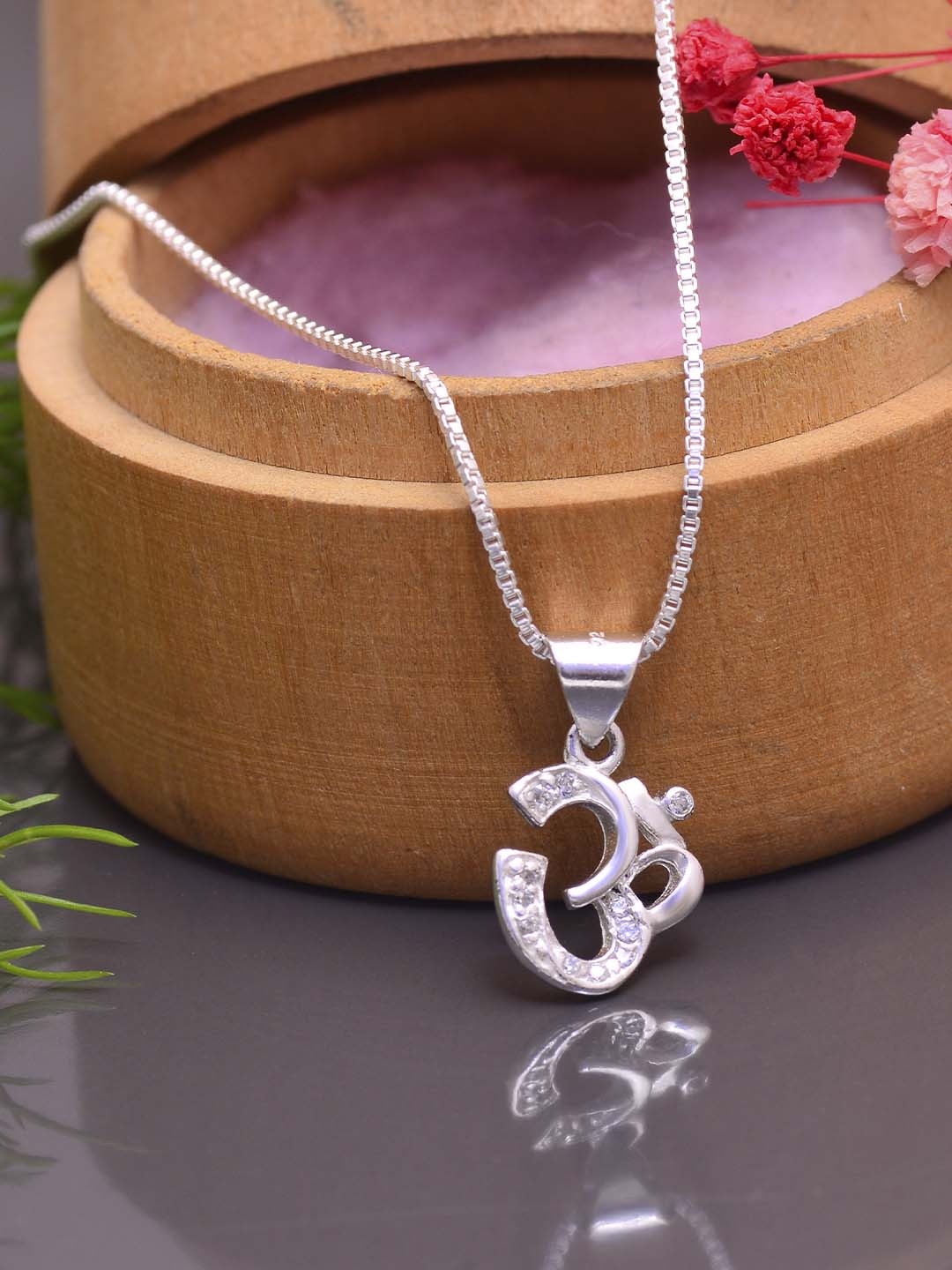 

Abhooshan 92.5 Pure Silver CZ-Studded & Om-Charm Pendant With Chain