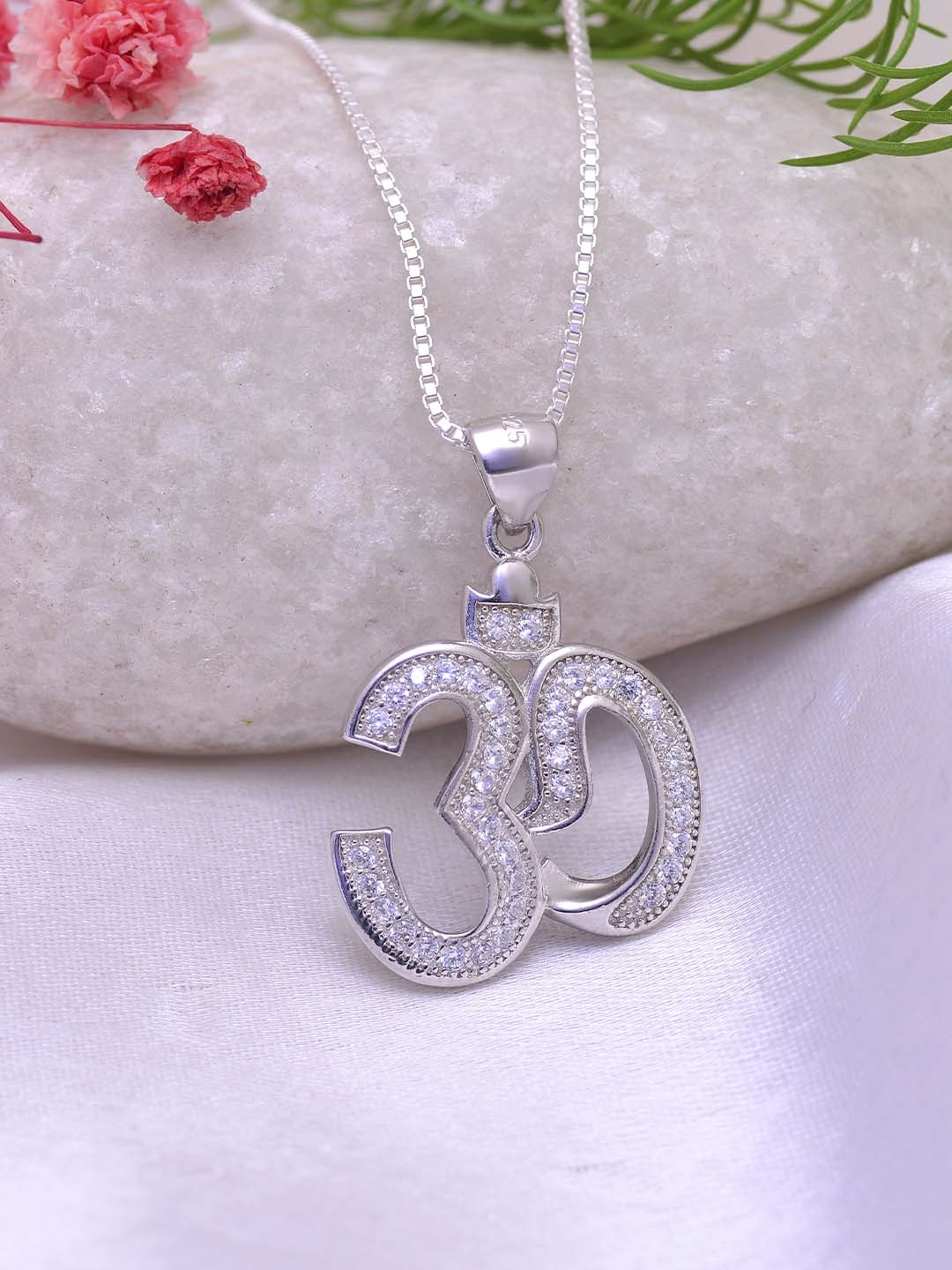 

Abhooshan Pure 92.5 Sterling Silver OM Shaped CZ-Studded Pendant With Chain