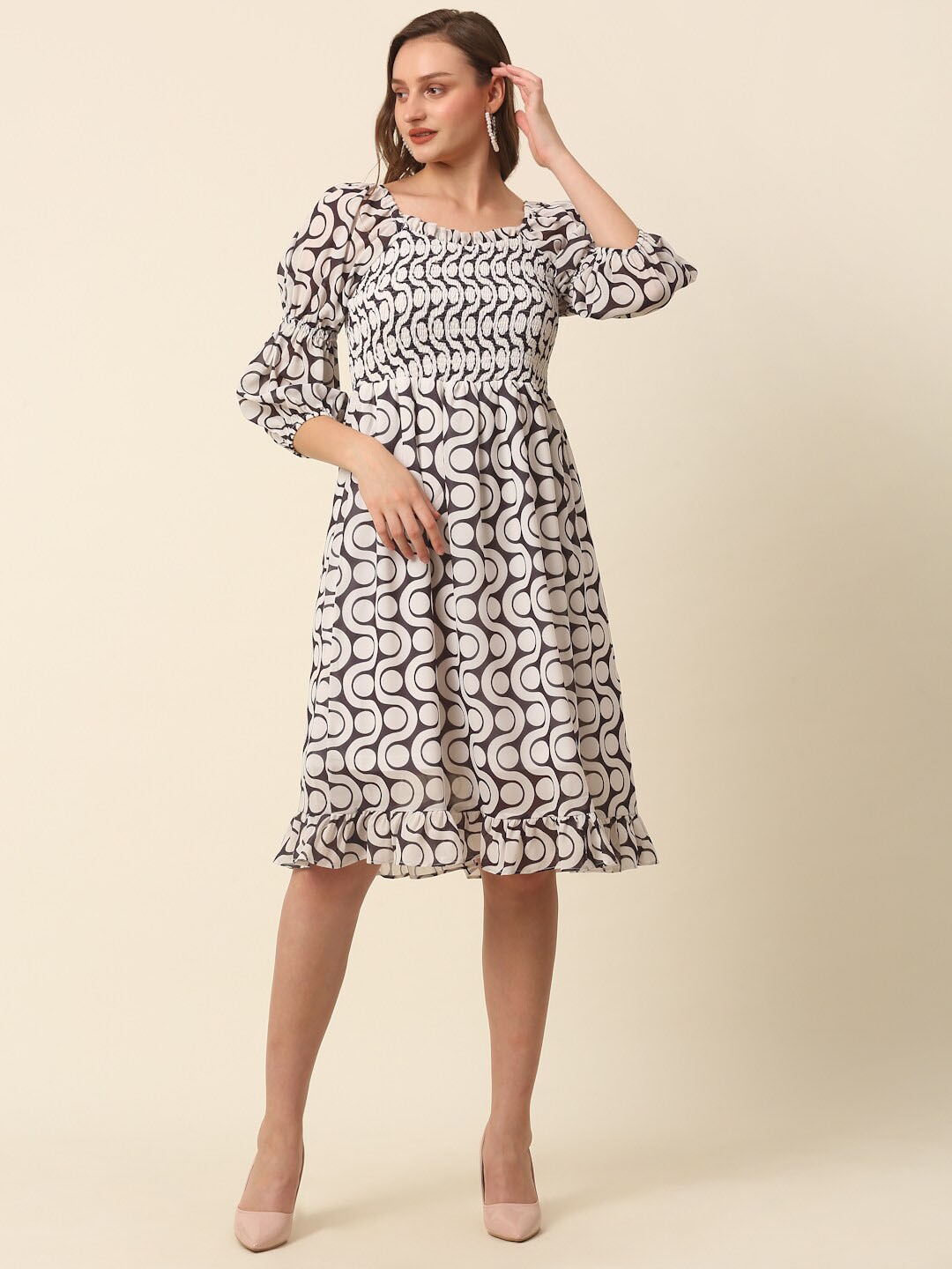 

plusS White & Black Monochrome Geometric Printed Puff Sleeves Smocked A-Line Dress