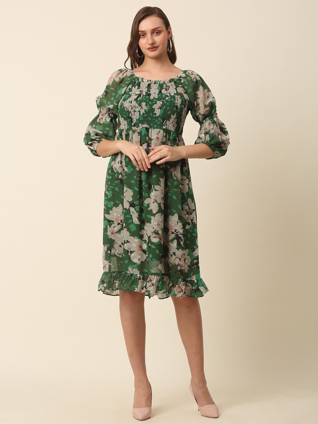 

plusS Green & Beige Floral Printed Puff Sleeves Smocked A-Line Dress