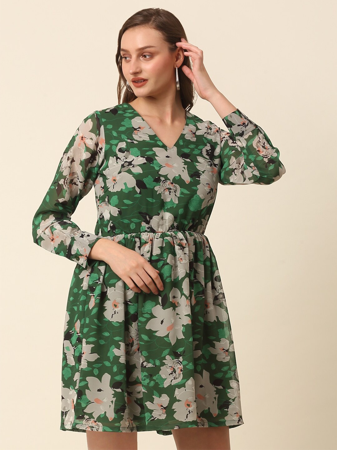 

plusS Green & Beige Floral Printed Puff Sleeves Gathered A-Line Dress