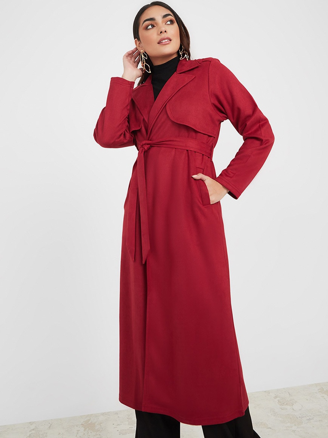 

Styli Red Belted Front-Open Longline Trench Coat