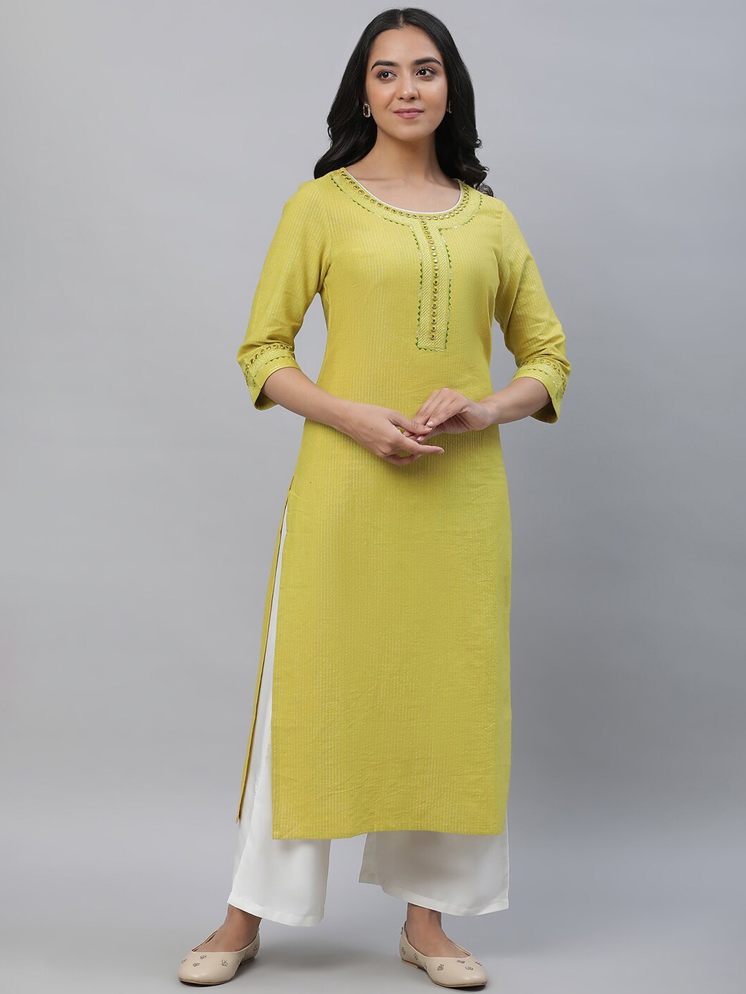 

AURELIA Round Neck Regular Kurta, Yellow