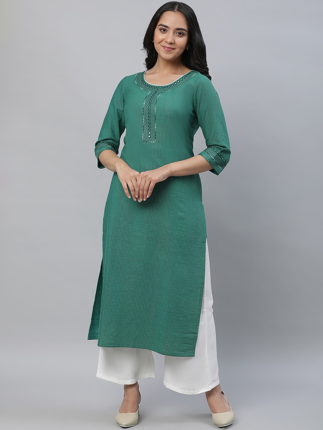 AURELIA Round Neck Regular Kurta, Green