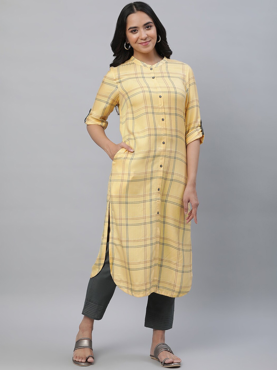 

AURELIA Checked Band Collar Kurta, Yellow