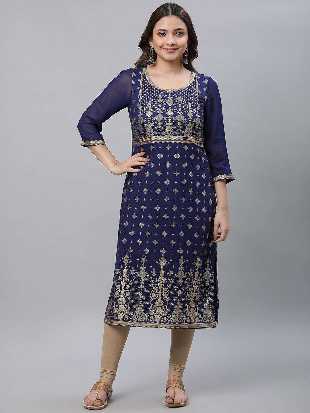

AURELIA Ethnic Motifs Printed Round Neck Kurta, Blue