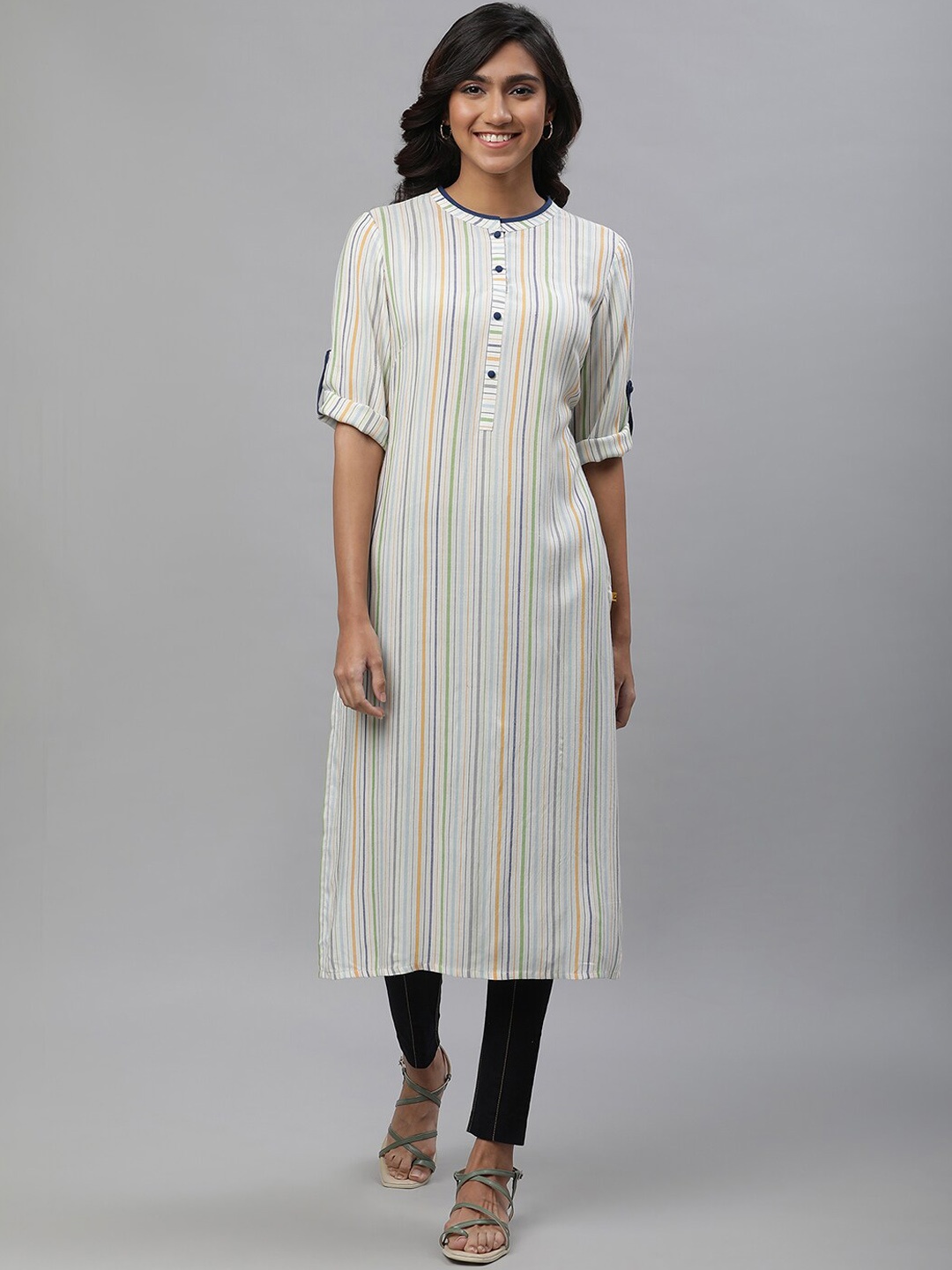 

AURELIA Striped Band Collar Roll-Up Sleeves Kurta, White