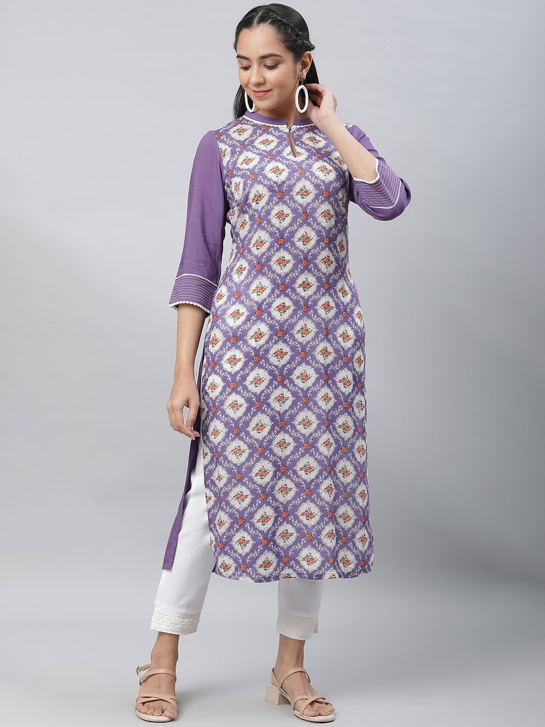 

AURELIA Floral Printed Band Collar Kurta, Purple