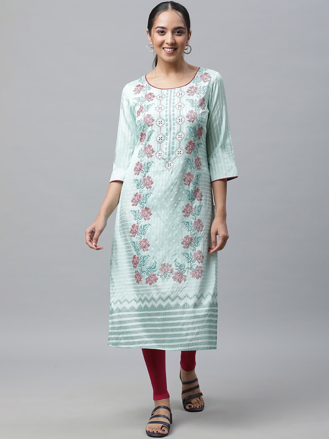 

AURELIA Floral Printed Round Neck Kurta, Green