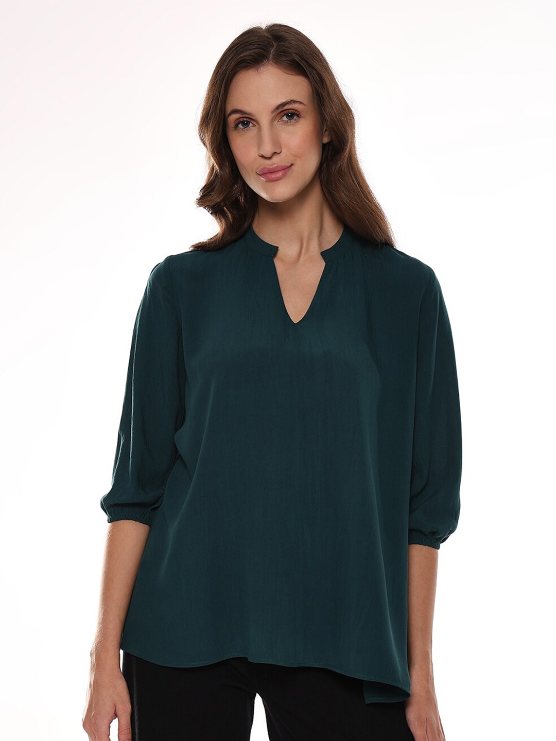 

Gazillion Mandarin Collar Puff Sleeves Regular Top, Green