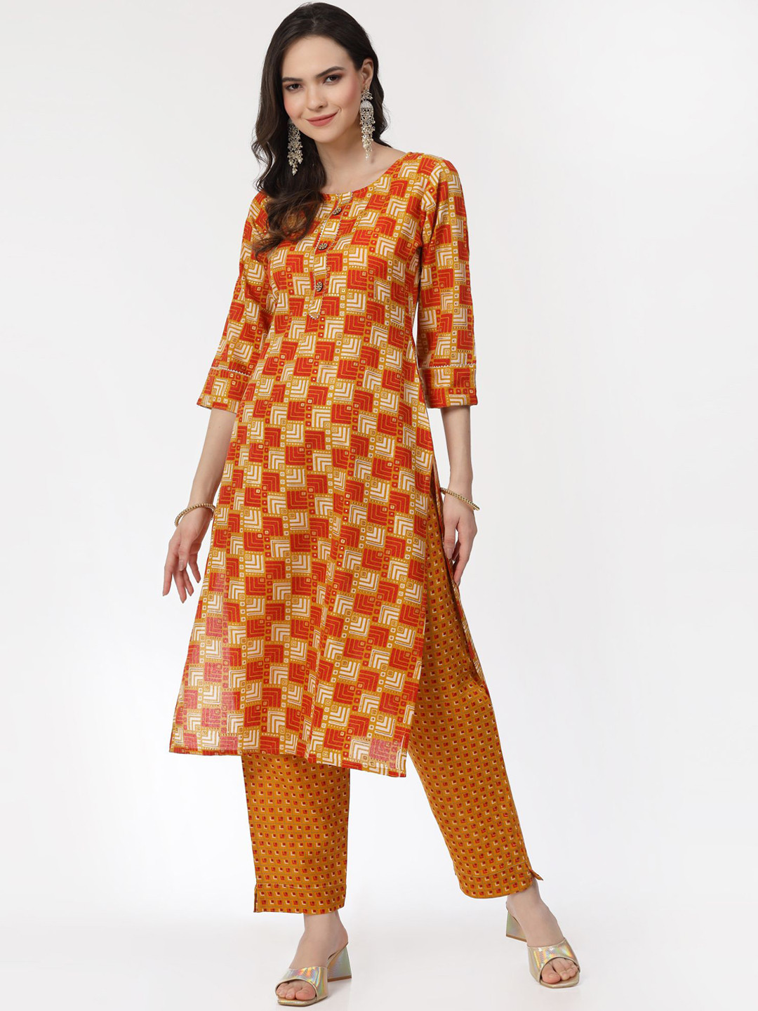 

KALINI Women Orange Printed Regular Pure Cotton Kurta With Trousers