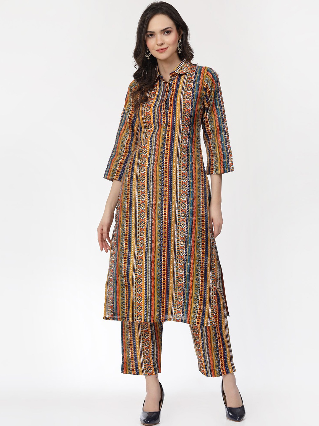 

KALINI Ethnic Motifs Printed Pure Cotton Kurta With Trousers, Yellow