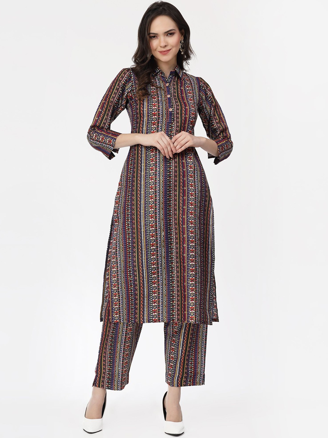 KALINI Ethnic Motifs Printed Regular Pure Cotton Kurta With Trousers, Blue