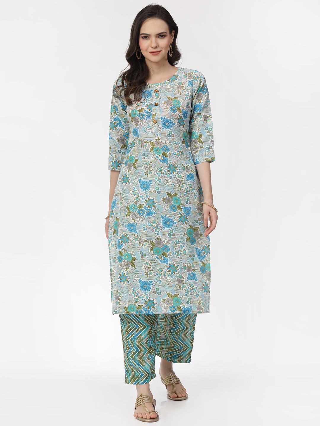 

KALINI Floral Printed Gotta Patti Pure Cotton Kurta with Trousers, White