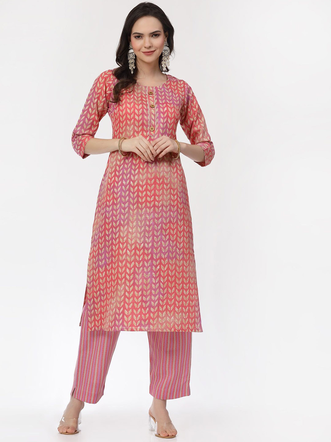 

KALINI Ethnic Motifs Printed Pure Cotton Kurta with Trousers, Pink