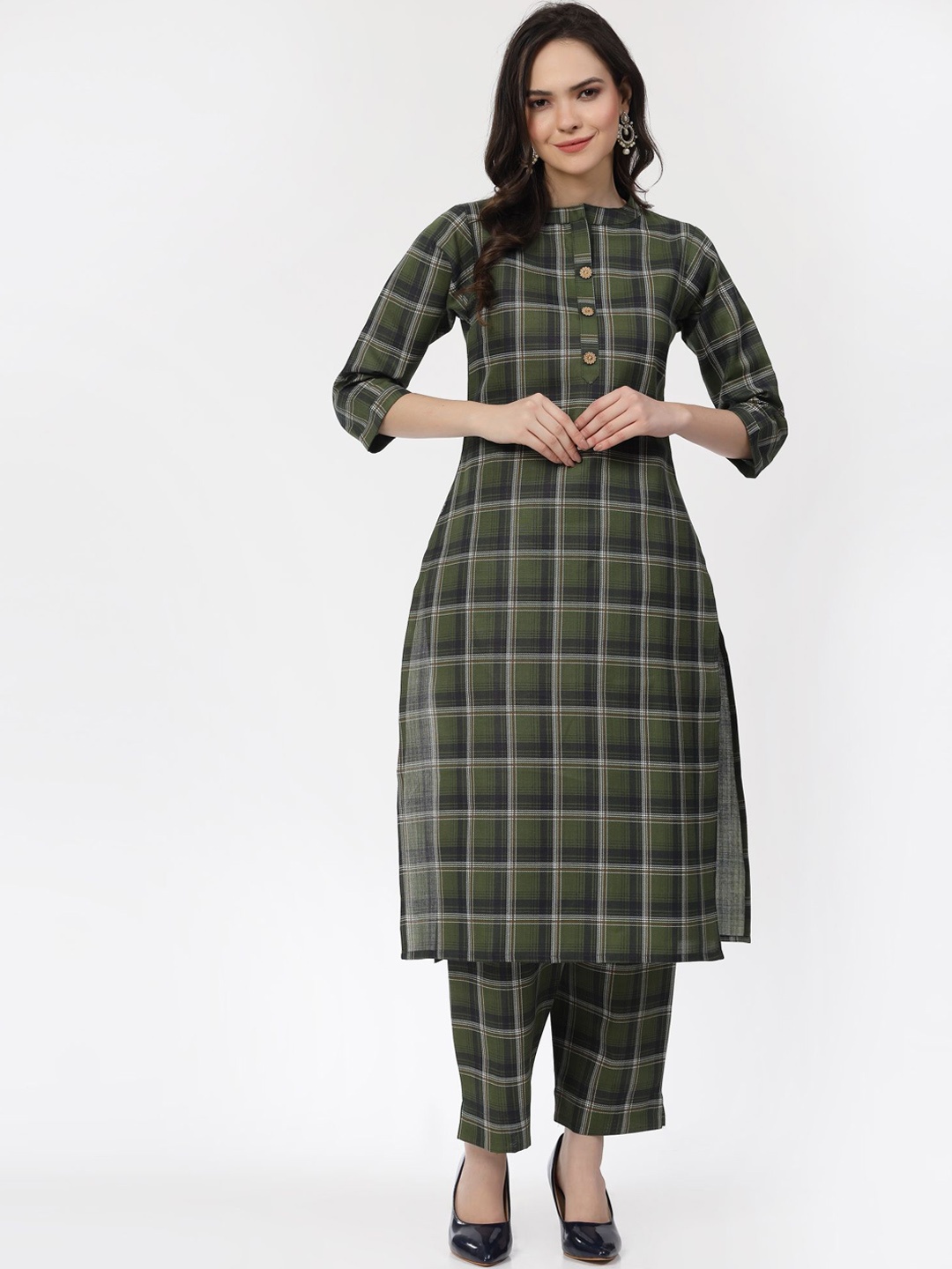 

KALINI Checked Pure Cotton Kurta with Trousers, Green