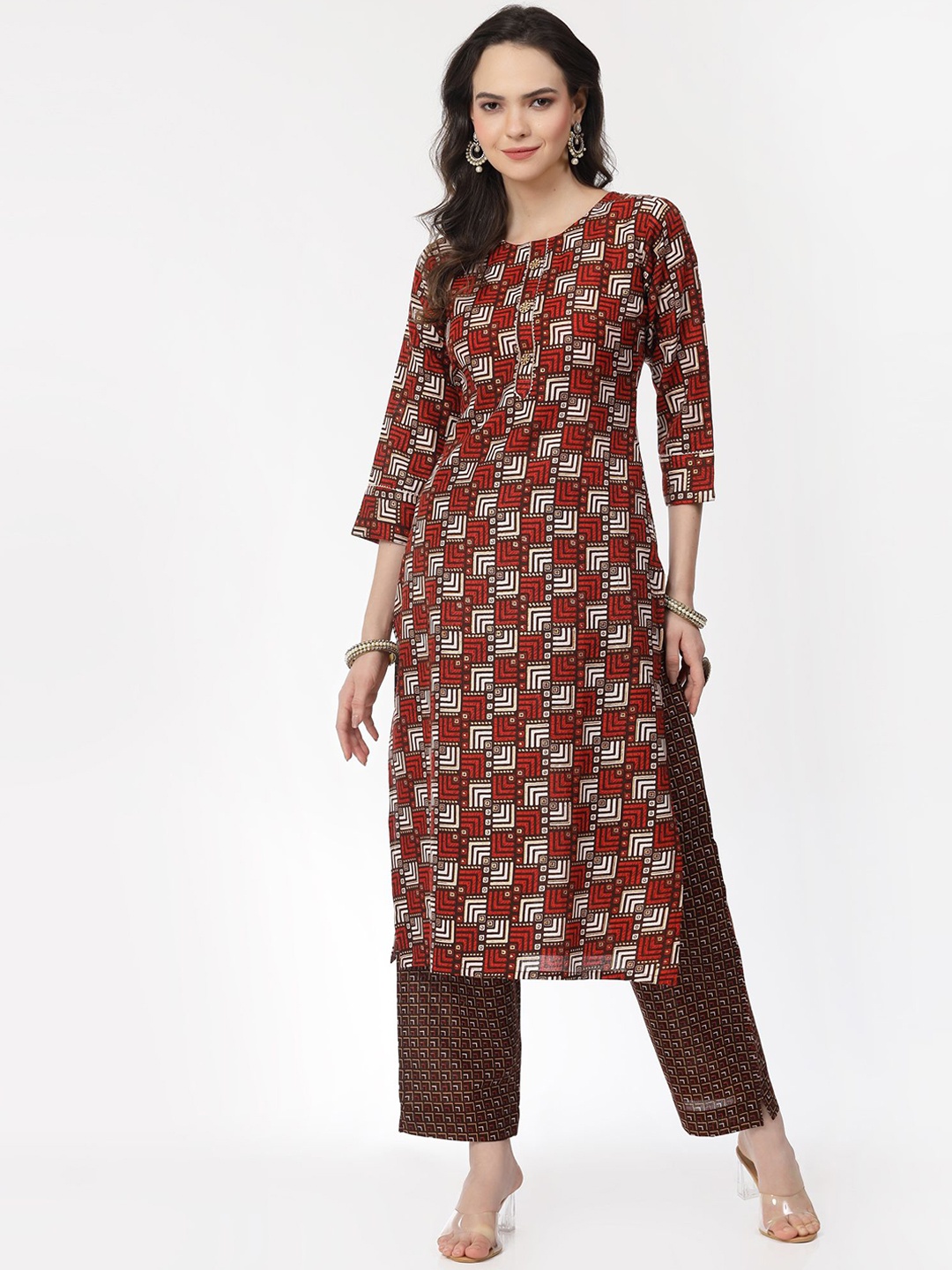 KALINI Geometric Printed Gotta Patti Pure Cotton Kurta with Trousers, Red
