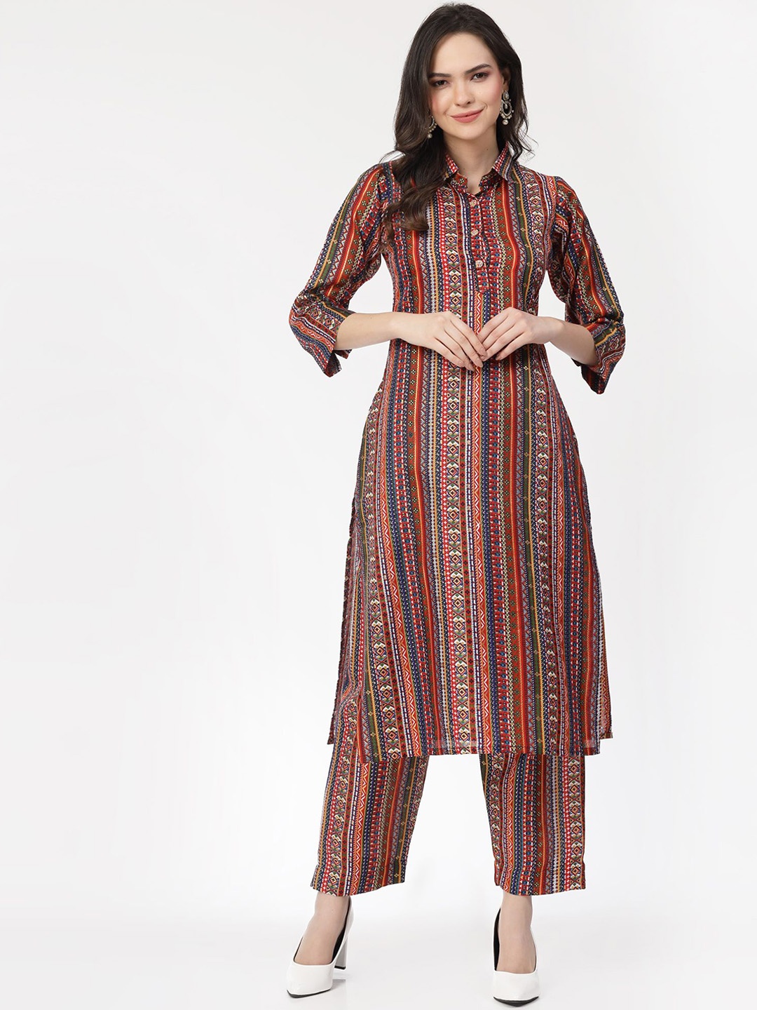 

KALINI Ethnic Motifs Printed Pure Cotton Kurta with Trousers, Red