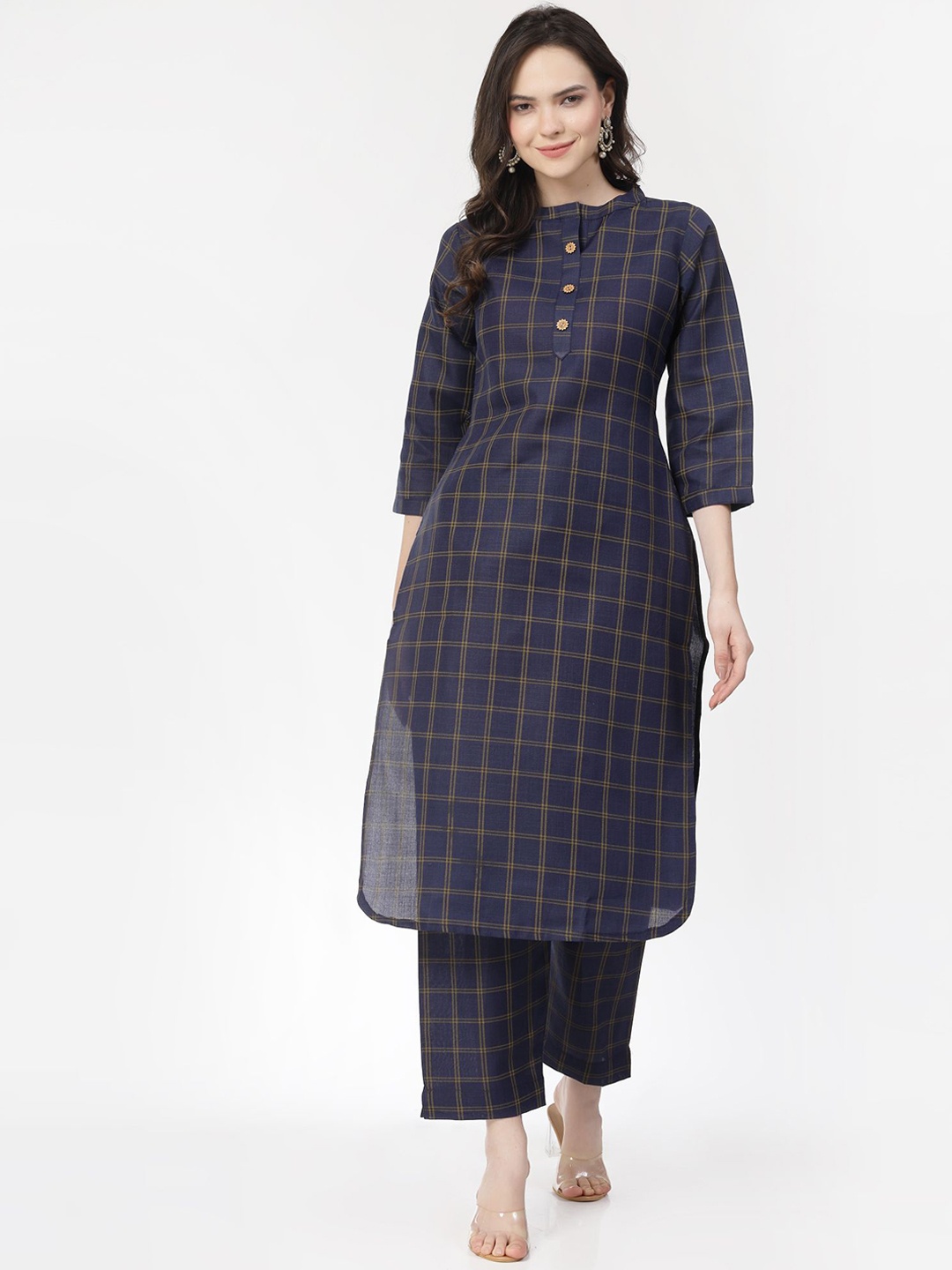 

KALINI Checked Pure Cotton Kurta with Trousers, Blue