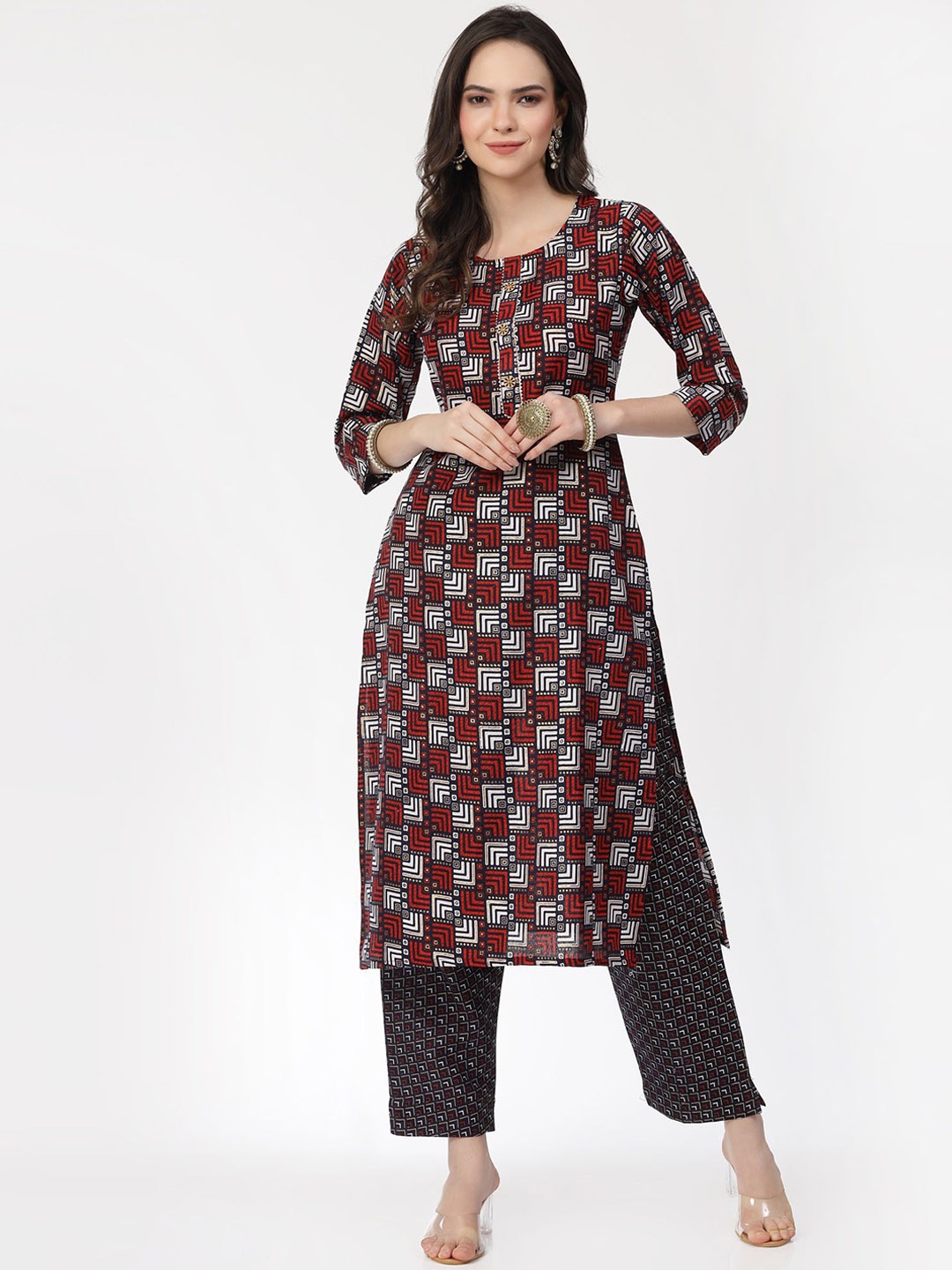 

KALINI Geometric Printed Pure Cotton Kurta with Trousers, Red